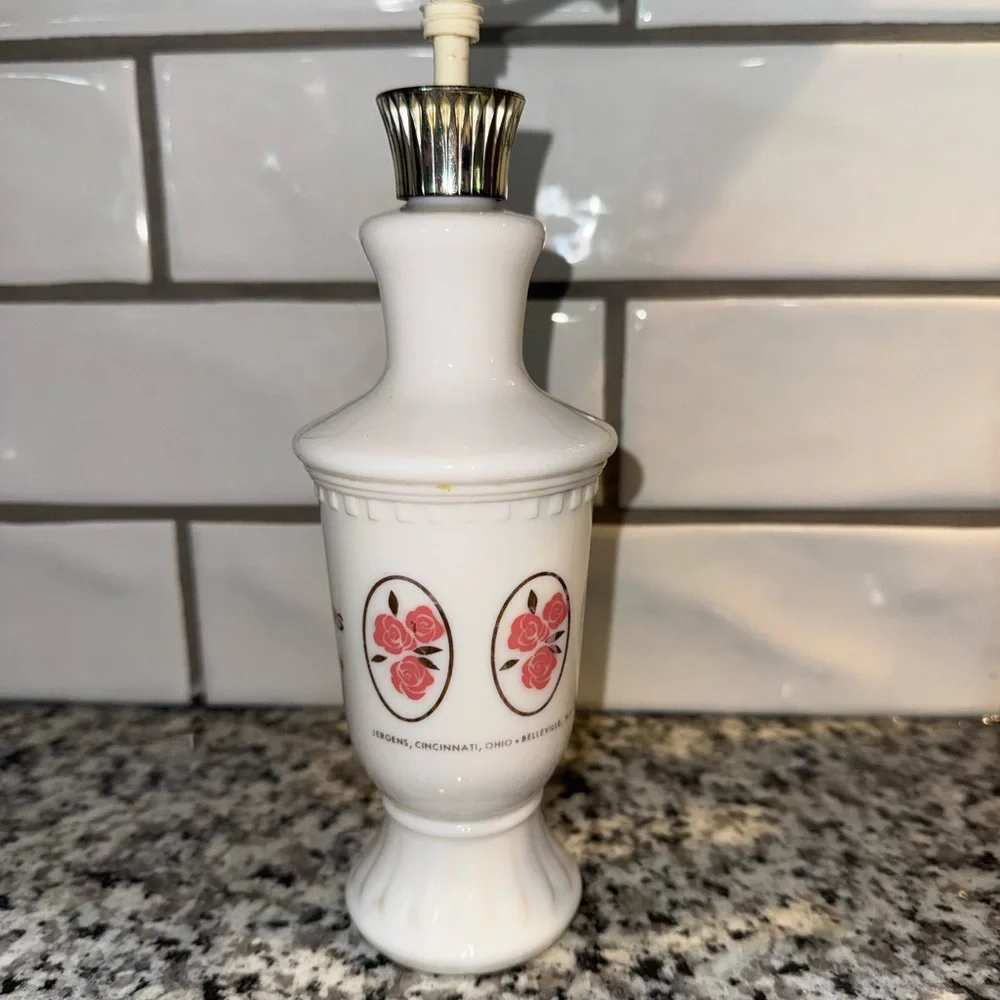 Vintage Jergens Lotion Milk‎ Glass Bottle with Original Pump Floral Grannycore